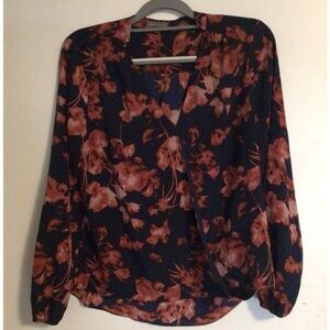 Vince camuto women’s pink floral navy-medium long sleeves‎ faux wrap top blouse